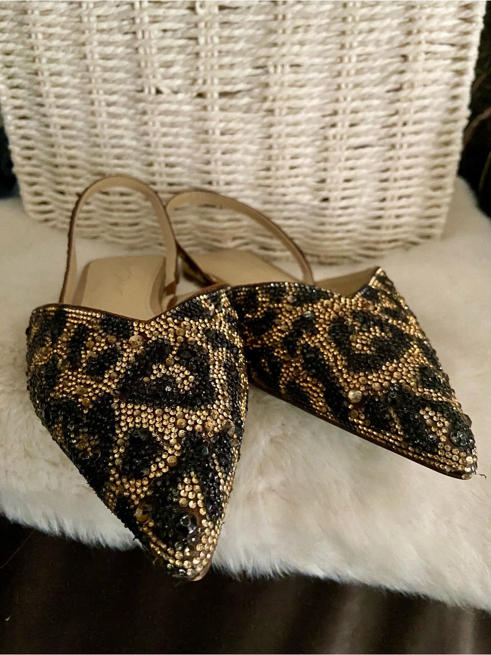 Betsey Johnson Vance Leopard Rhinestone Slingback Slides.